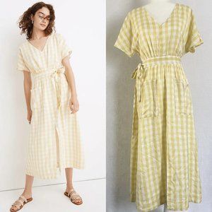 Madewell Dolman Sleeve Tie Waist MIDI Dress yellow/white check size 6